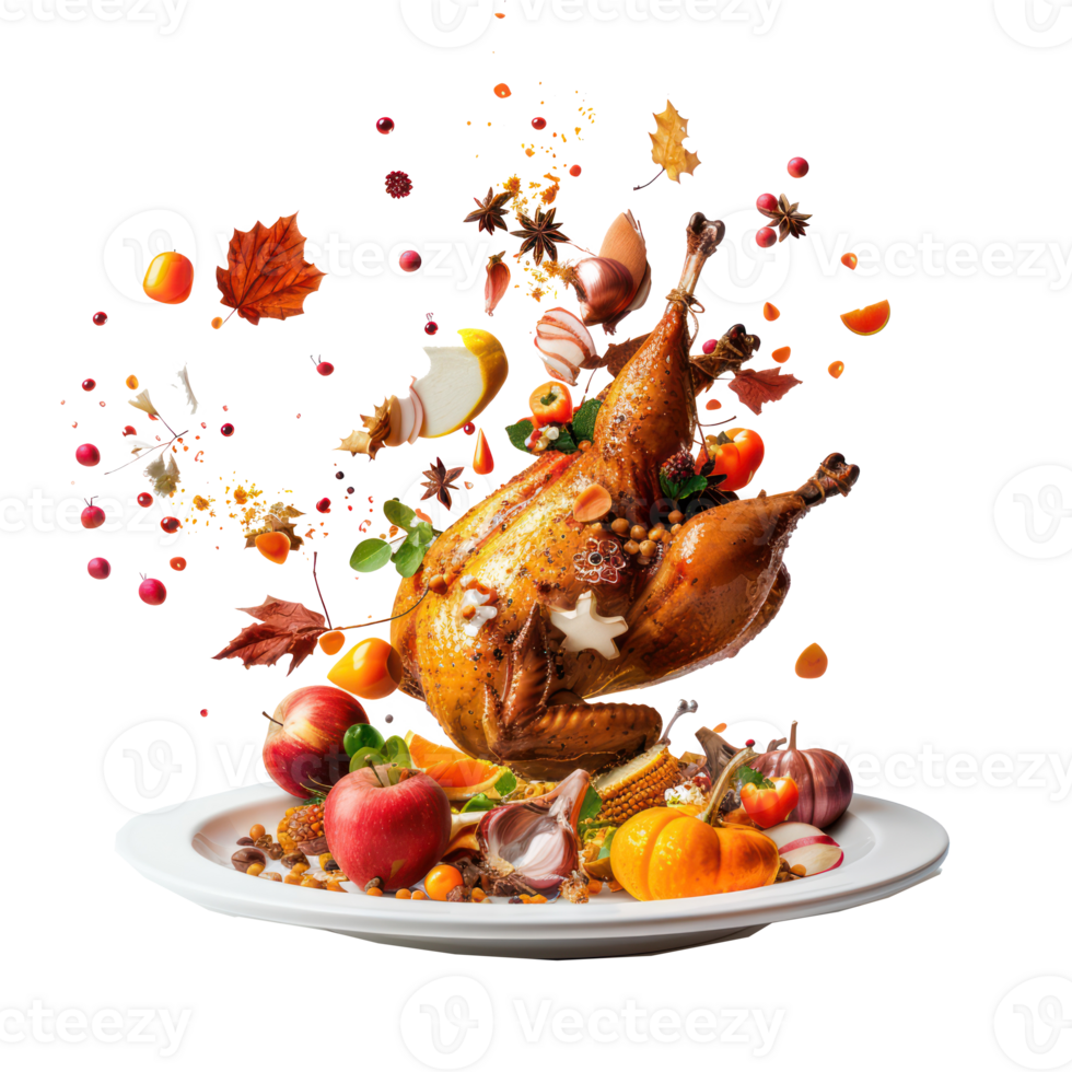 floated Thanksgiving Turkey and ingredients falling into a plate isolate on transparency background png