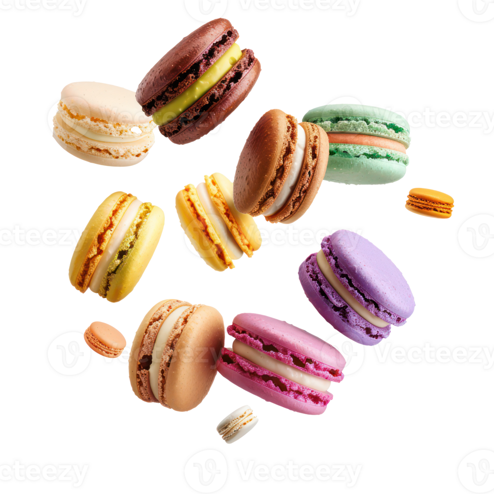floated macaroons falling vibrate color isolate on transparency background png