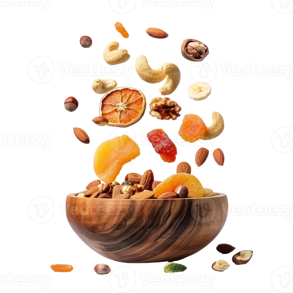 Falling in wooden bowl Dried slices of fruits and nuts isolate on transparency background png