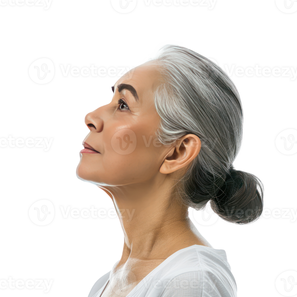 Portrait of beautiful senior woman with clean glowing face skin side view isolate on transparency background png