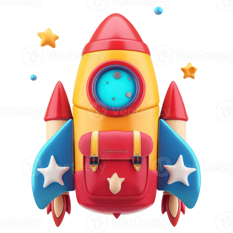 rocket school backpack flying 3d cartoon style isolate on transparency background png