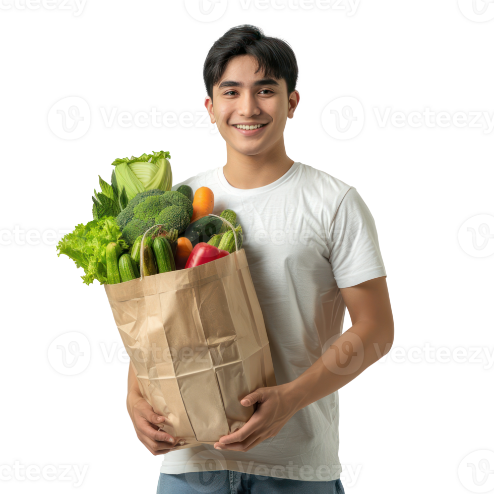 Smiling young man holding groceries vegetable shopping bag standing isolate on transparency background png