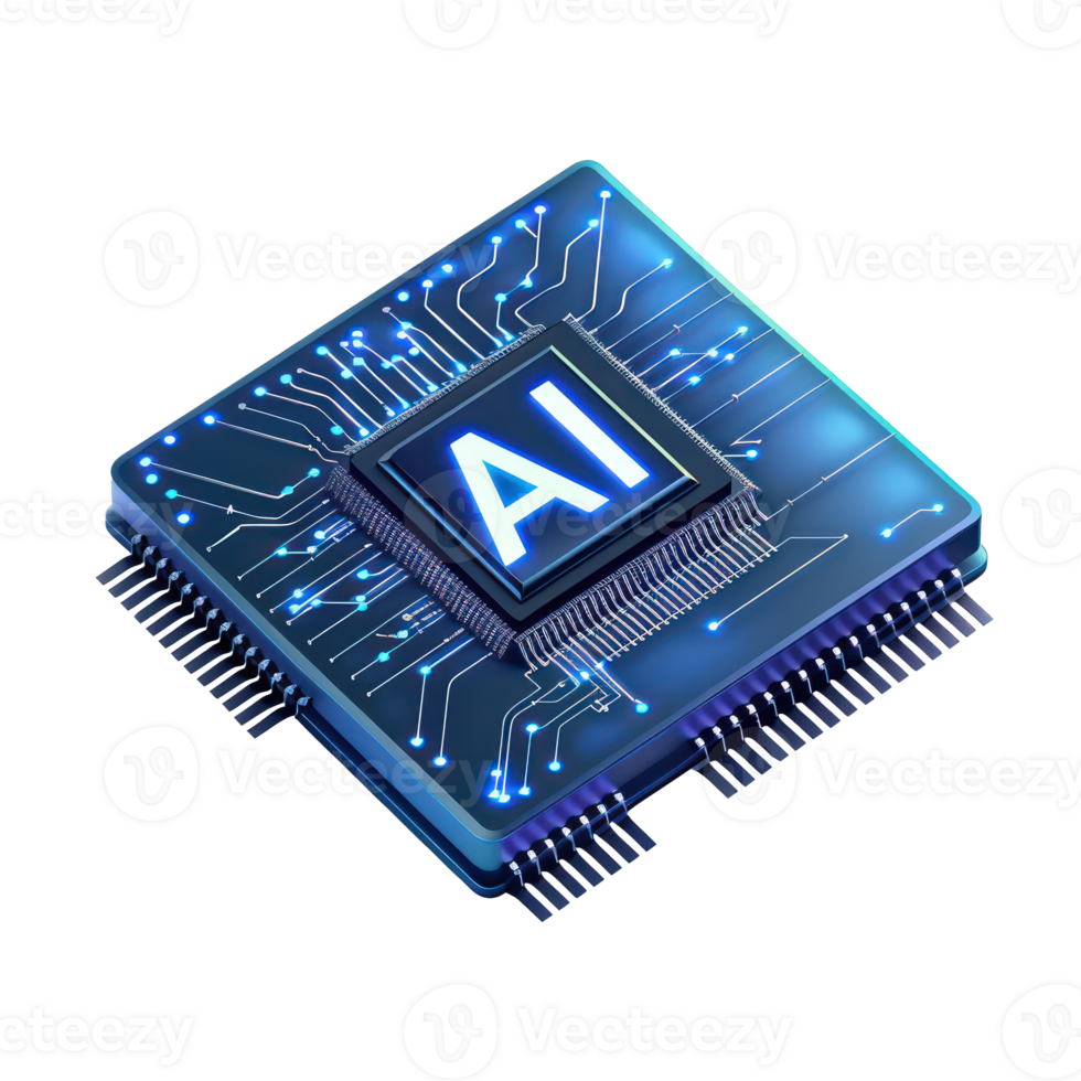 Technology Blue CPU computer microchips with AI in the center top view full length isolate on transparency background png