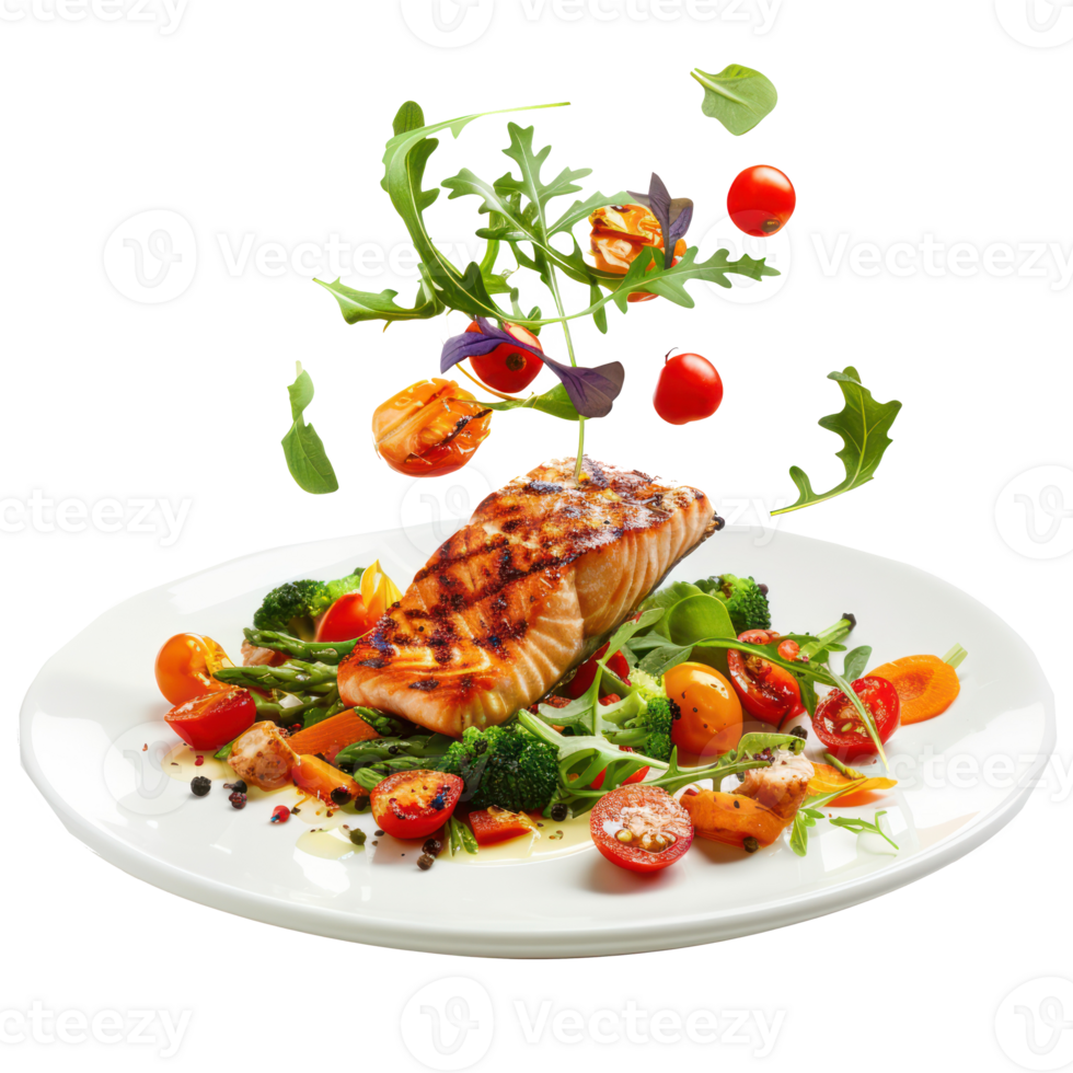 floated Grilled salmon on fresh vegetables falling into a plate isolate on transparency background png