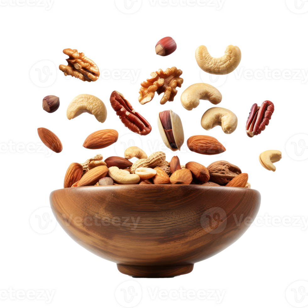 Falling mix nuts in bowl isolate on transparency background png