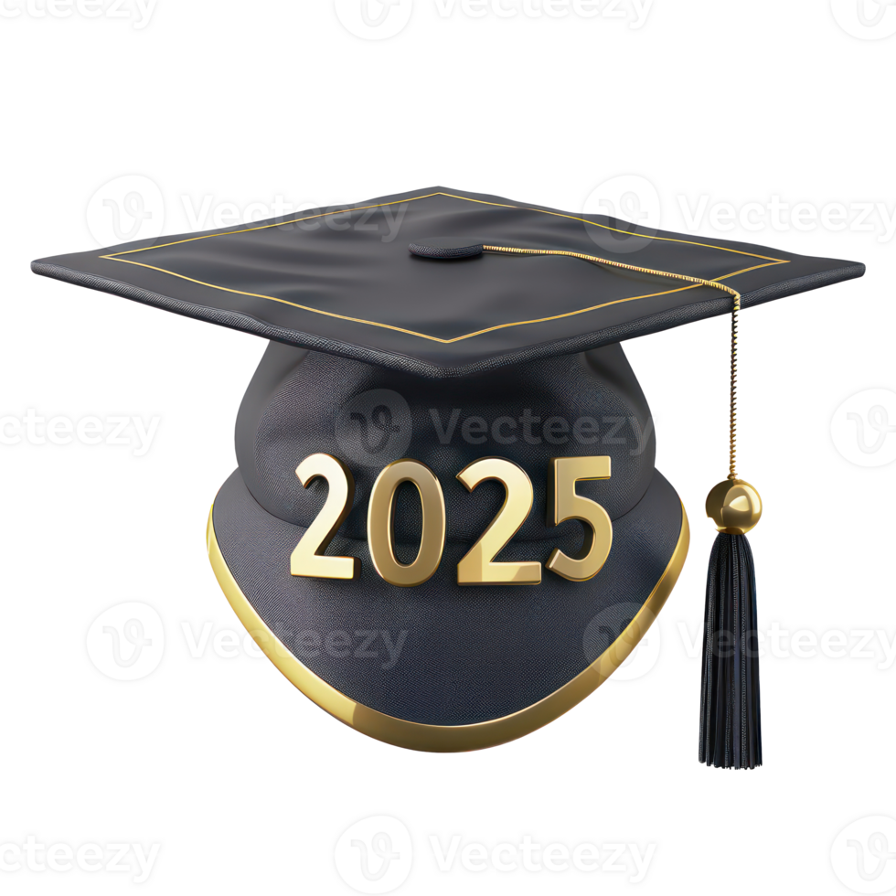 3d graduate cap with text 2025 front view full length isolate on transparency background png