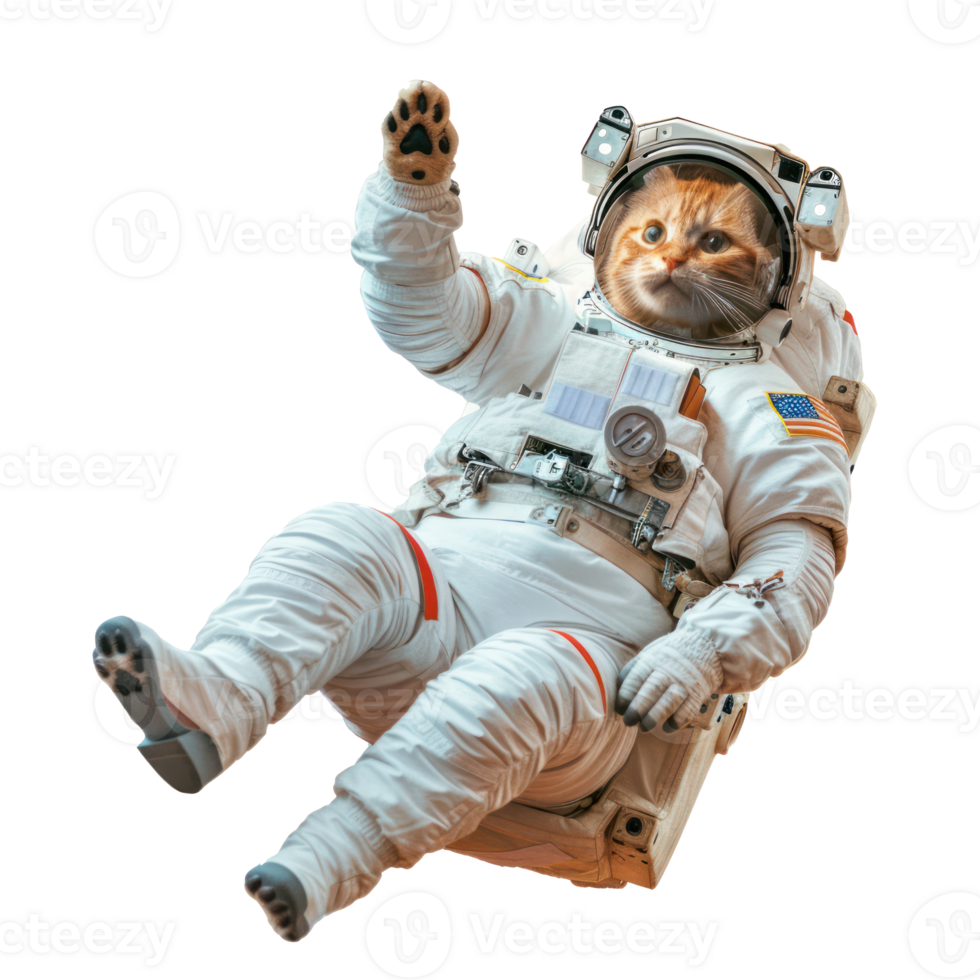 cat in astronaut suit floating in the air isolate on transparency background png