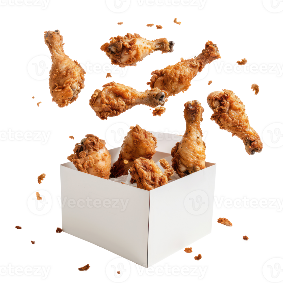 floated Fried chicken legs falling into the white paper box isolate on transparency background png