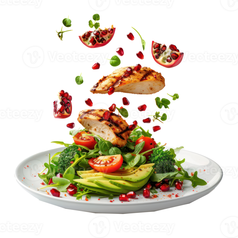 floated Salad with grilled chicken breast, avocado, pomegranate seeds and tomato falling into a plate isolate on transparency background png