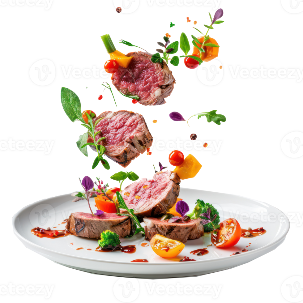 floated Veal tenderloin with sesonal vegetables falling into a plate isolate on transparency background png