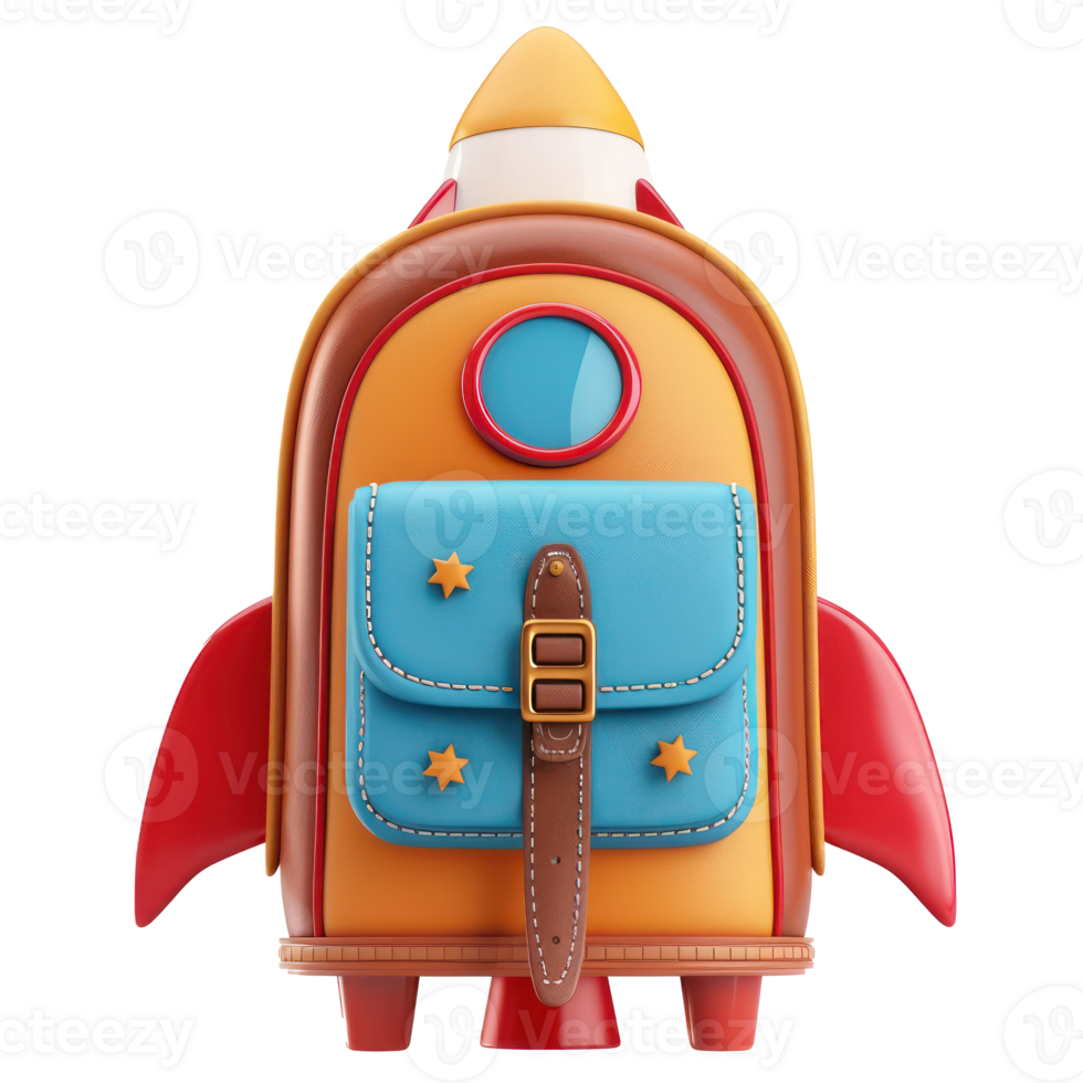 rocket school backpack flying 3d cartoon style isolate on transparency background png