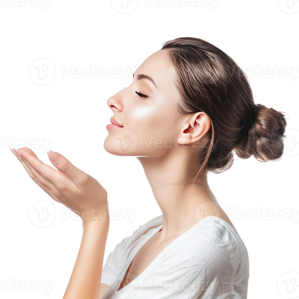 Beautiful woman with face care hand gesture side view isolate on transparency background png