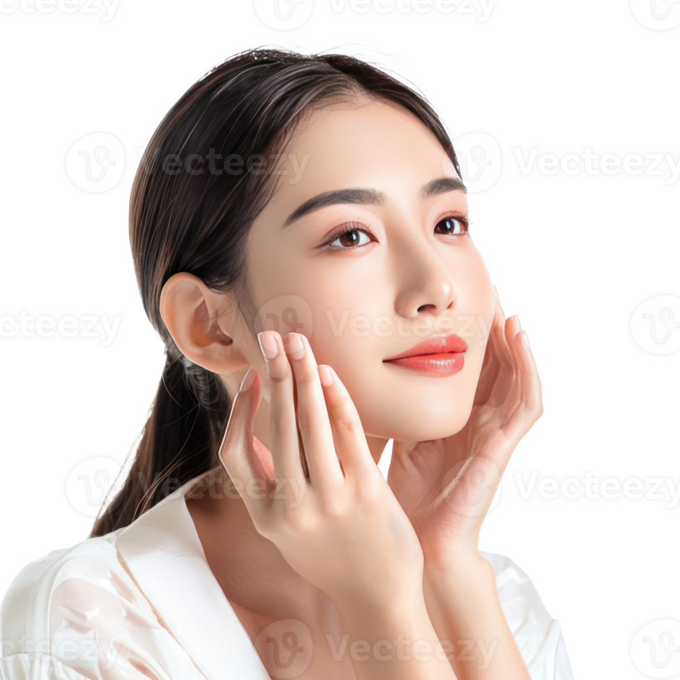 Portrait of facial model with hand gesture, face care concept isolate on transparency background png