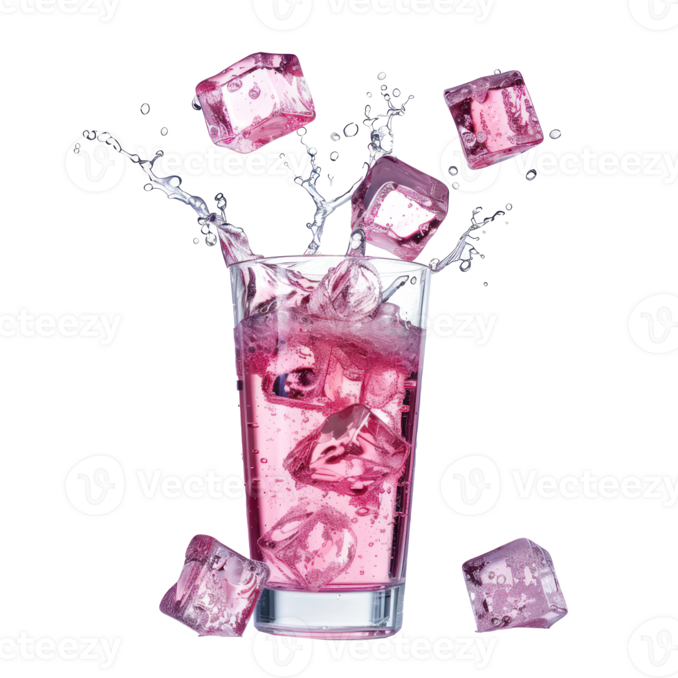 cold pink cocktail with ice falling into a glass isolate on transparency background png
