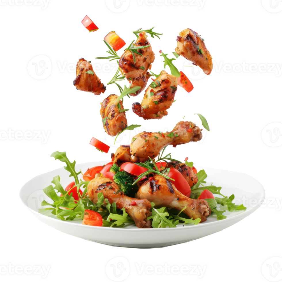floated Healthy Chicken Dinner falling into a plate isolate on transparency background png