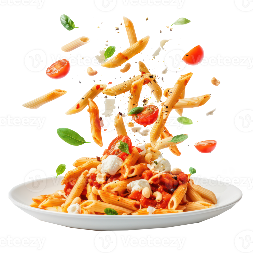 floated Pasta penne with roasted tomato, sauce, mozzarella cheese falling into a plate isolate on transparency background png