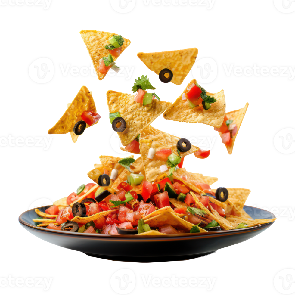 floated Nachos food falling into a plate isolate on transparency background png