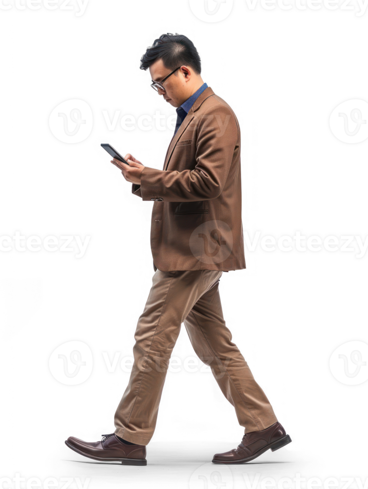businessman using smartphone while walking, side view full body isolate on transparency background png