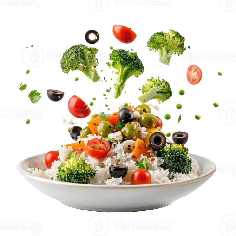 floated broccoli, tomatoes and olives with rice falling into a plate isolate on transparency background png