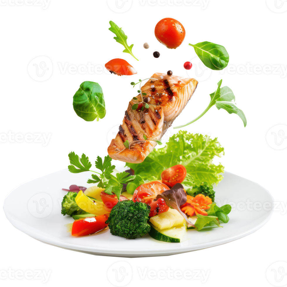 floated Grilled salmon on fresh vegetables falling into a plate isolate on transparency background png