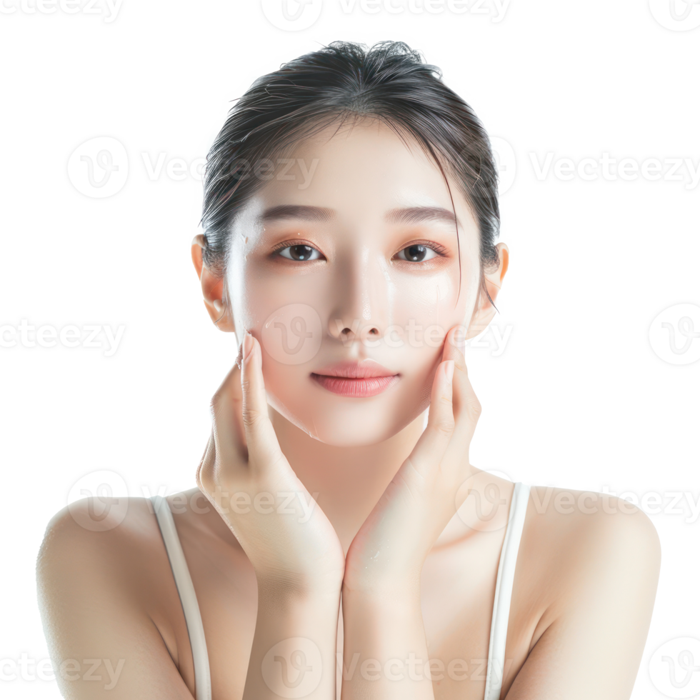 young woman with beautiful light white clean skin, skin care concept front view full length isolate on transparency background png