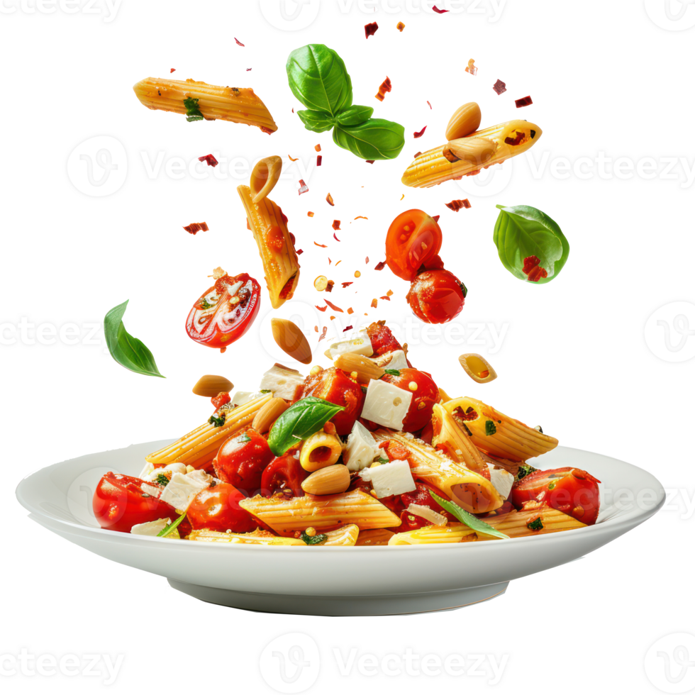 floated Pasta penne with roasted tomato, sauce, mozzarella cheese falling into a plate isolate on transparency background png
