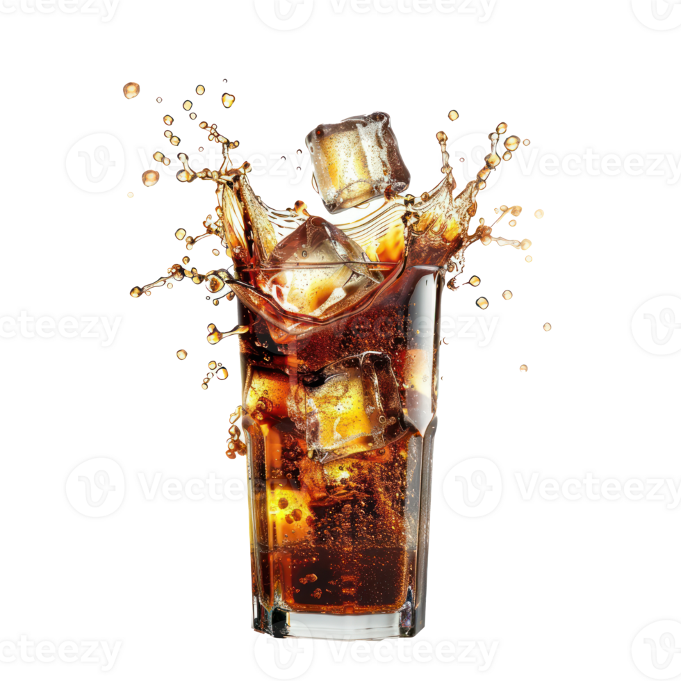 floated coca with ice cubes splash falling into a glass isolate on transparency background png