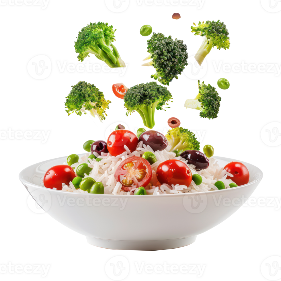 floated broccoli, tomatoes and olives with rice falling into a plate isolate on transparency background png