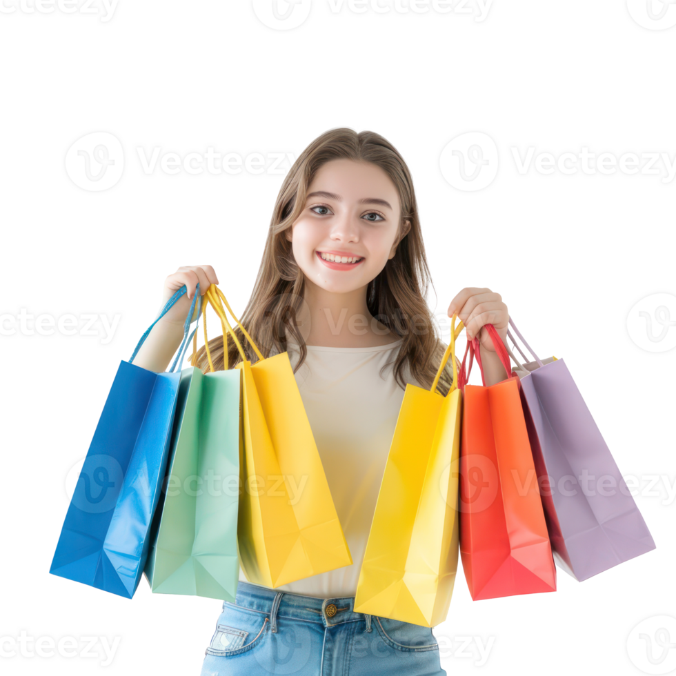 Smiling young woman with colorful shopping bag, standing isolate on transparency background png