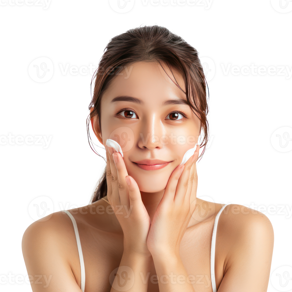 Beautiful woman moisturizing cheek by her hand isolate on transparency background png