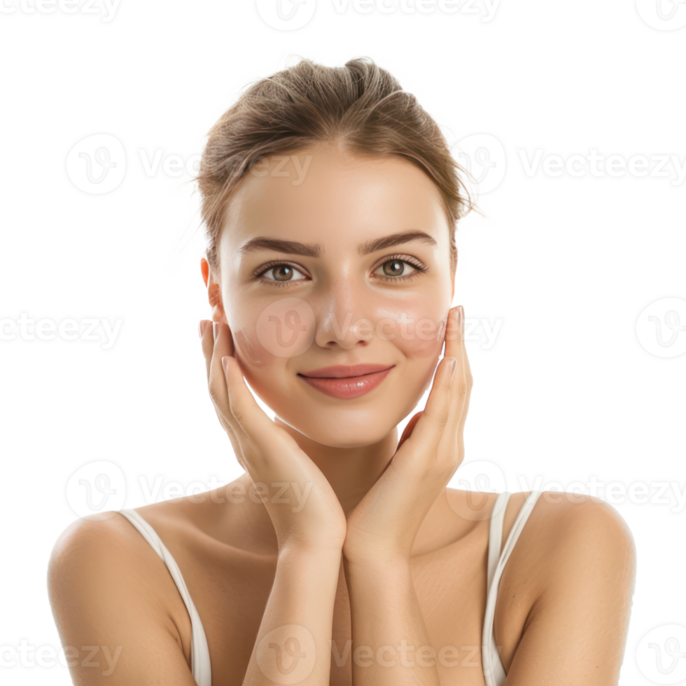 Beautiful woman with face care hand gesture front view isolate on transparency background png