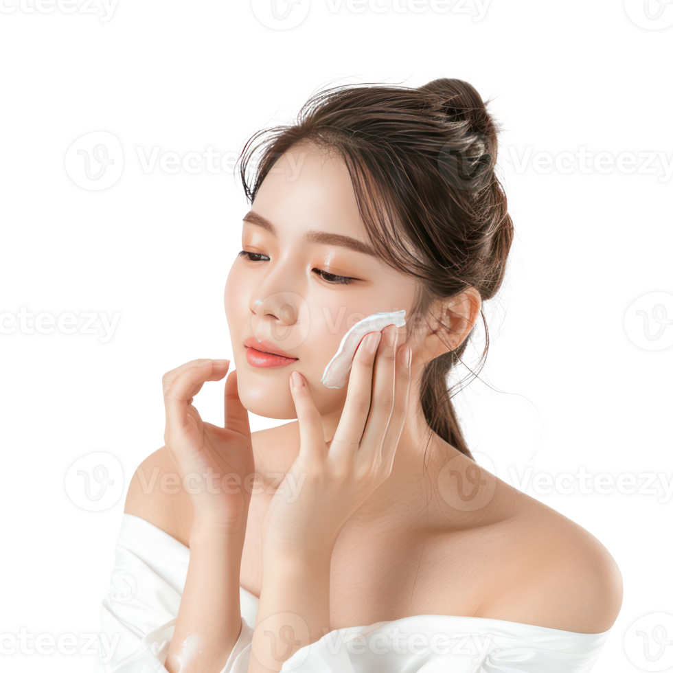 Beautiful woman moisturizing cheek by her hand isolate on transparency background png