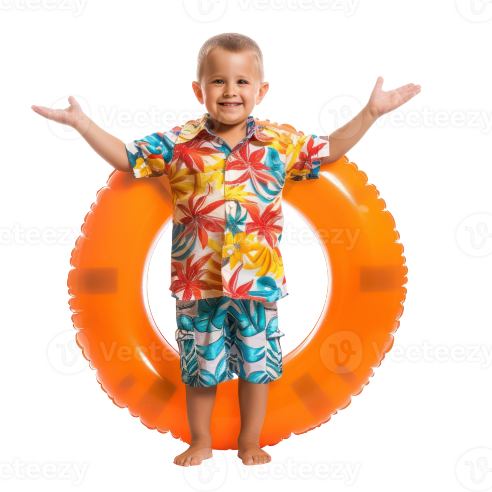 Happy little boy wearing summer clothes with inflatable swimming circle front view full length isolate on transparency background png