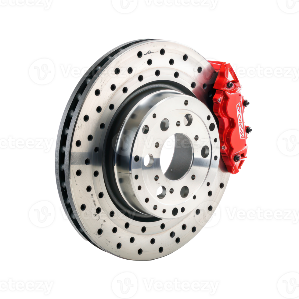 Automobile brake disk with red caliper front view full length isolate on transparency background png