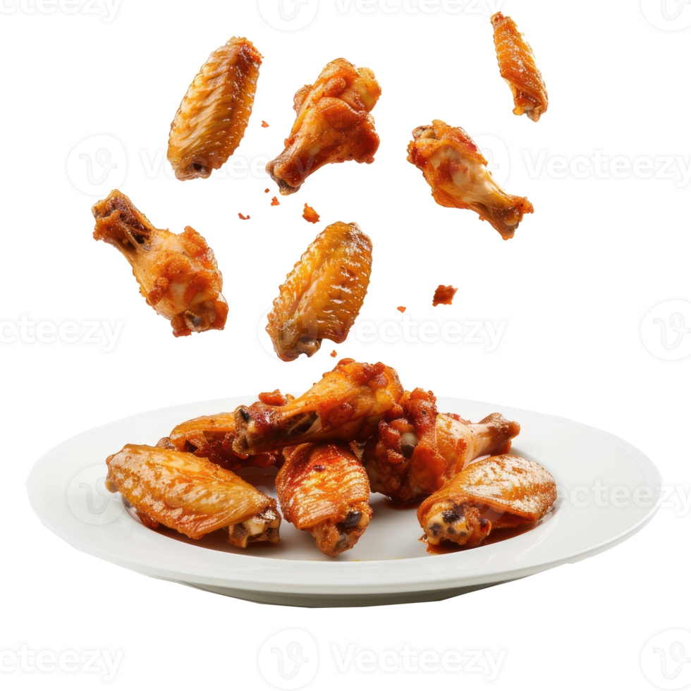 floated Chicken Wings falling into a plate isolate on transparency background png
