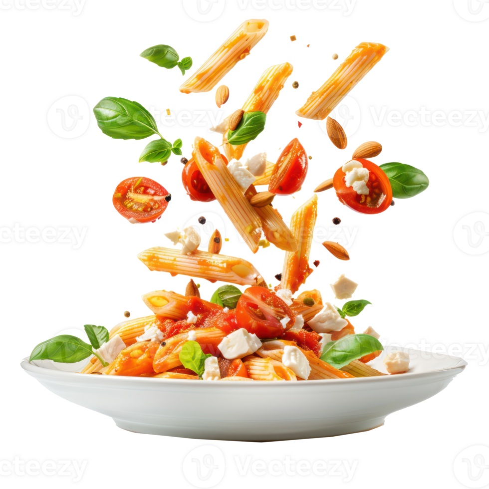 flottato pasta penne con arrostito pomodoro, salsa, Mozzarella formaggio caduta in un' piatto isolato su trasparenza sfondo png