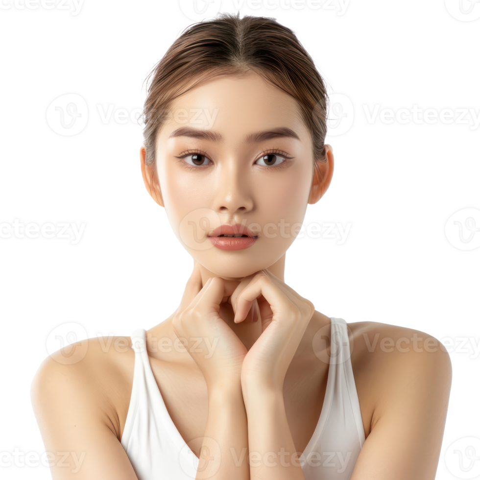 young woman with beautiful light white clean skin, skin care concept front view full length isolate on transparency background png