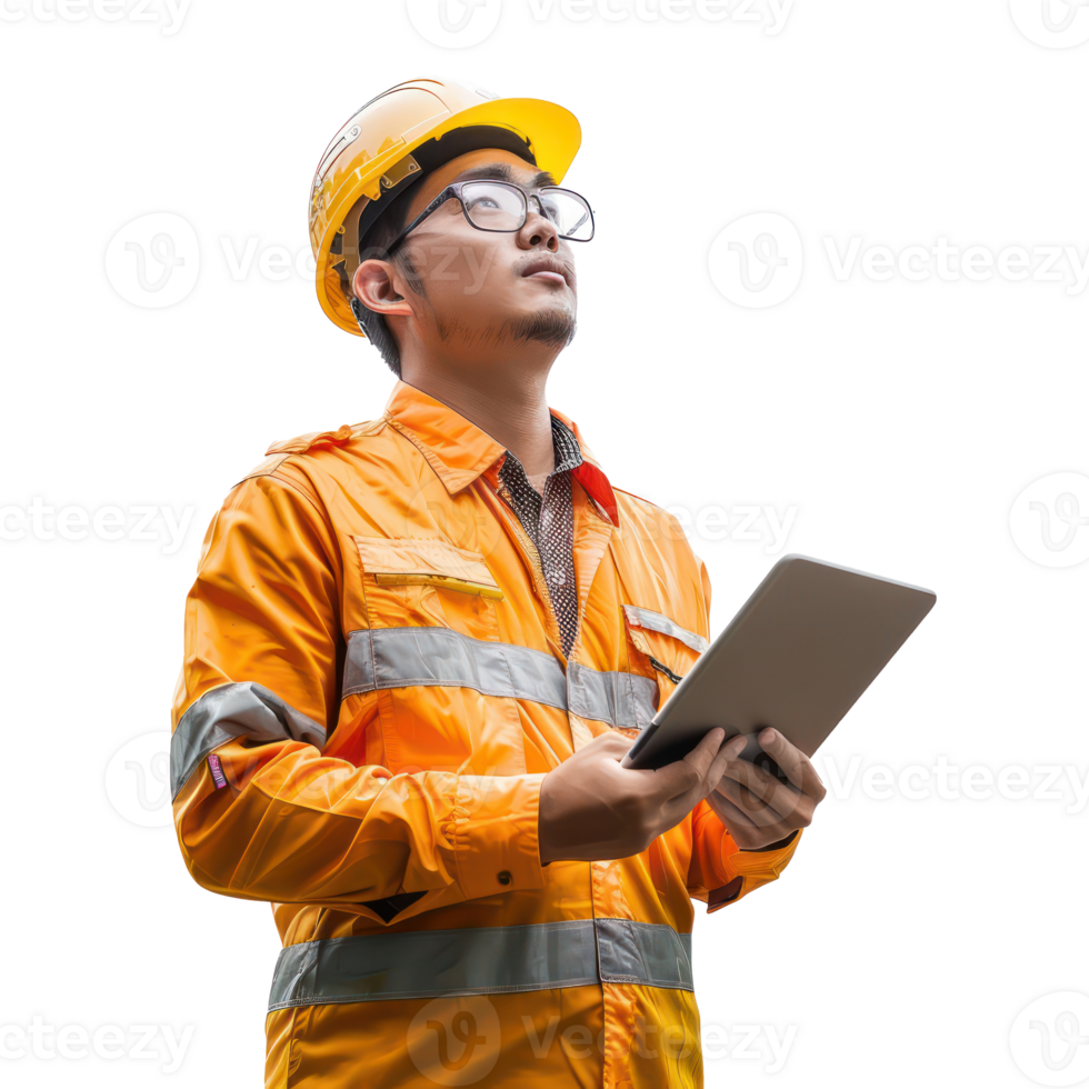 Engineer construction man with tablet looking up, standing isolate on transparency background png