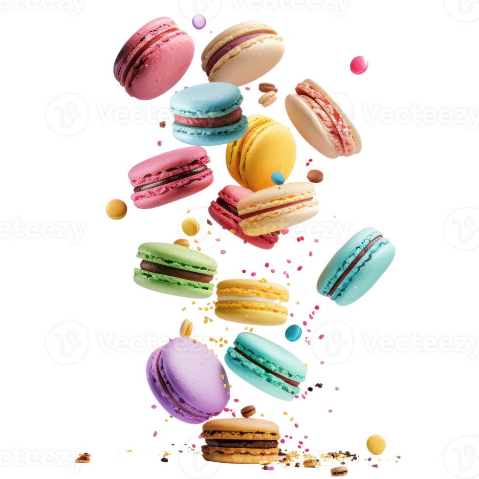 floated macaroons falling vibrate color isolate on transparency background png