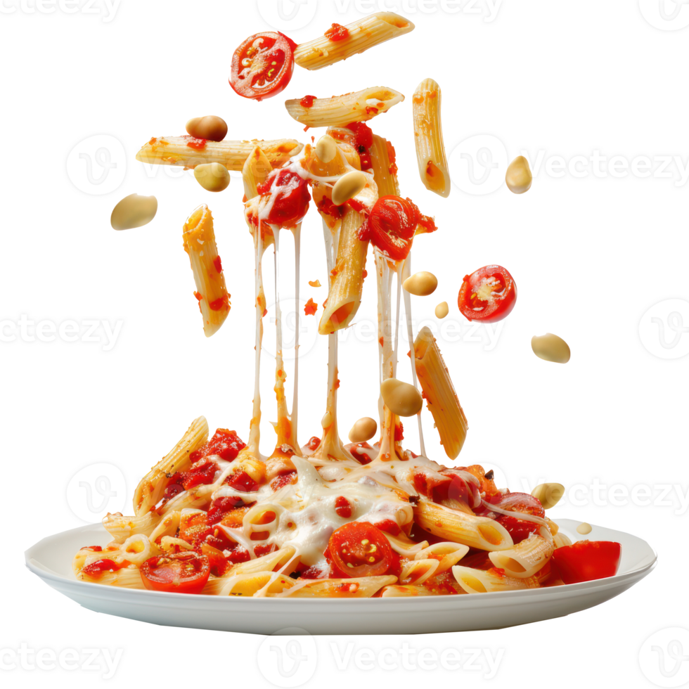 floated Pasta penne with roasted tomato, sauce, mozzarella cheese falling into a plate isolate on transparency background png