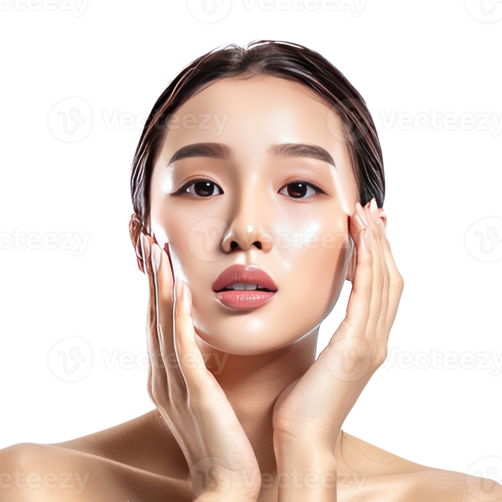 Beautiful woman body and face care with hand geture front view isolate on transparency background png