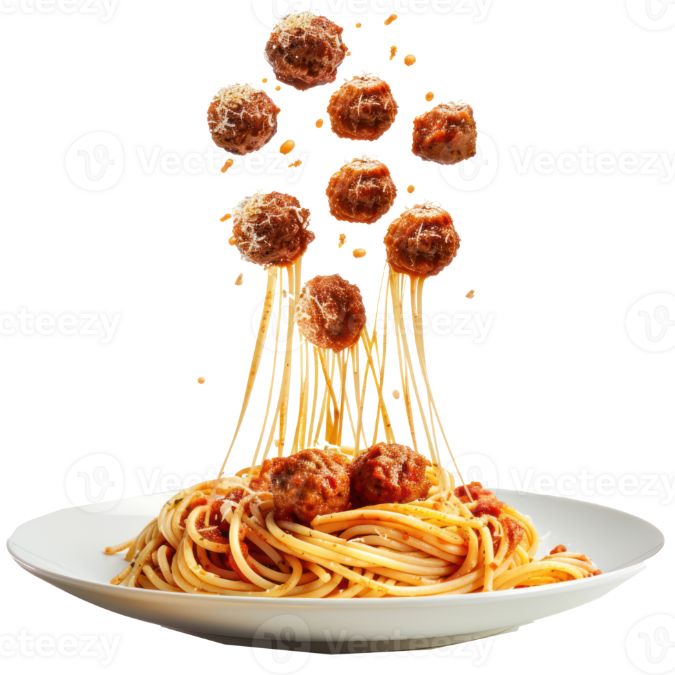 floated Spaghetti pasta with meatballs falling into a plate isolate on transparency background png