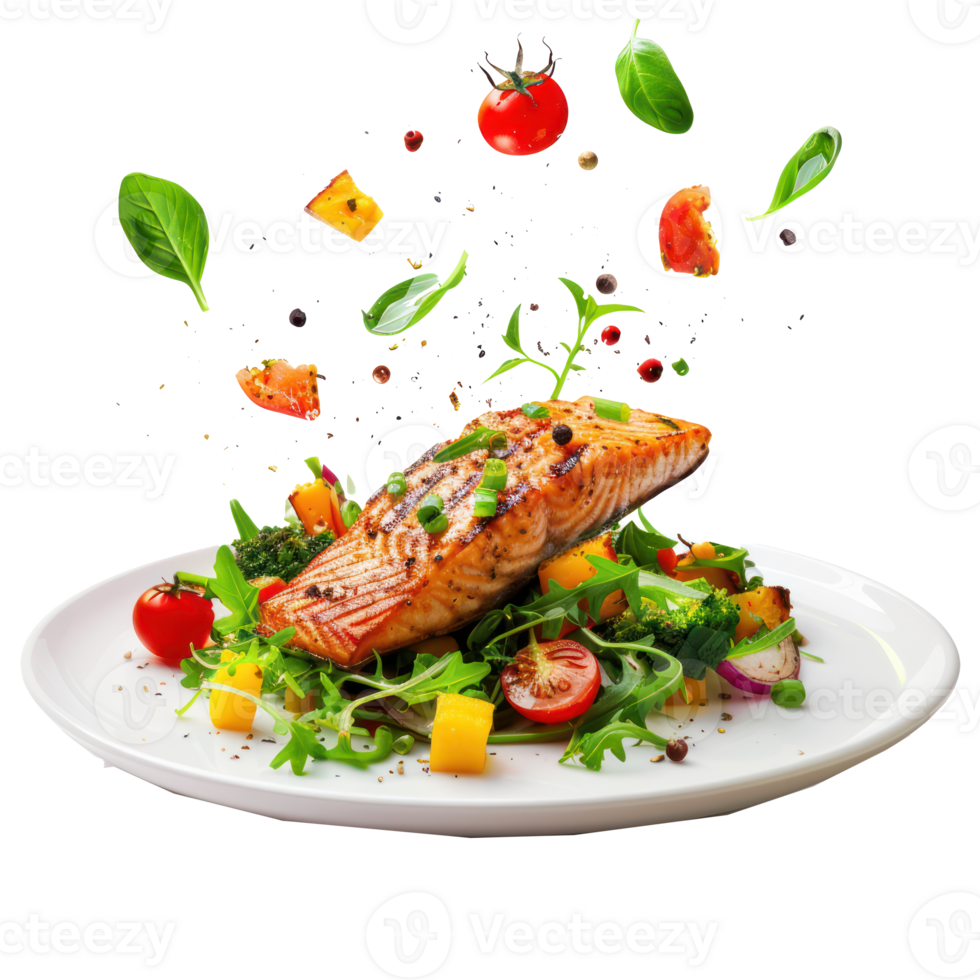 floated Grilled salmon on fresh vegetables falling into a plate isolate on transparency background png