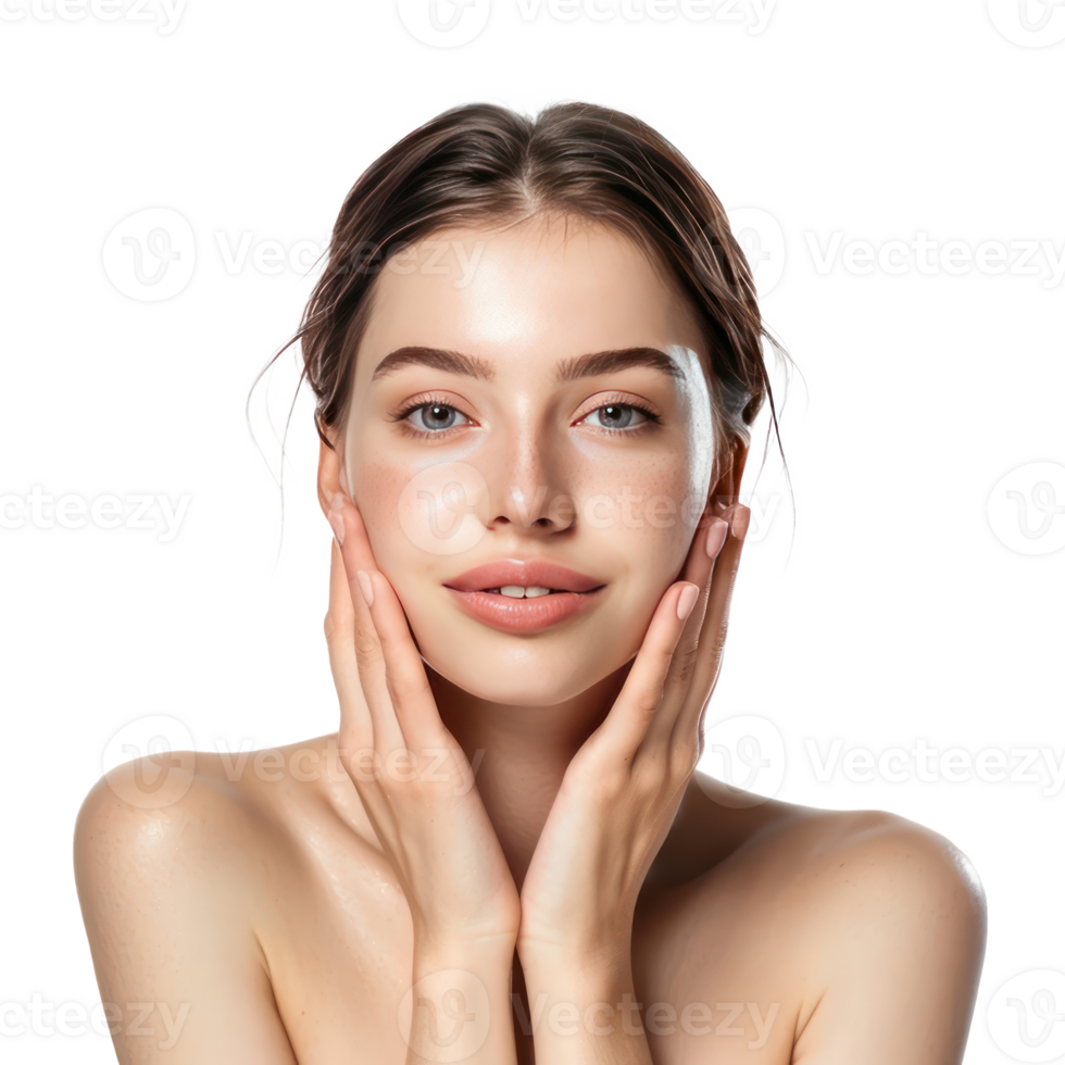 Beautiful young woman with clean fresh face skin and hand care gesture front view isolate on transparency background png