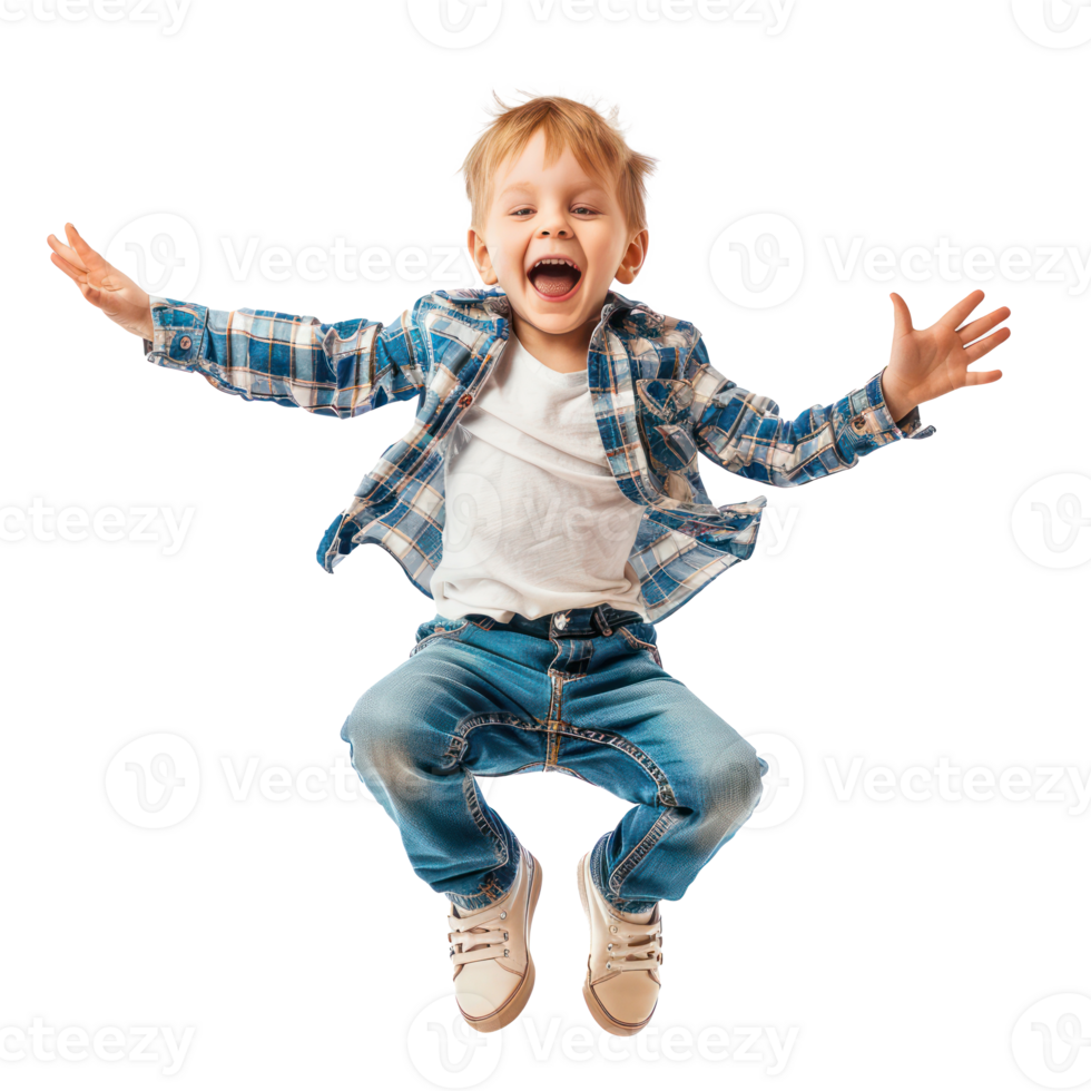 Floated overjoyed little boy jumping and gesturing happiness isolate on transparency background png