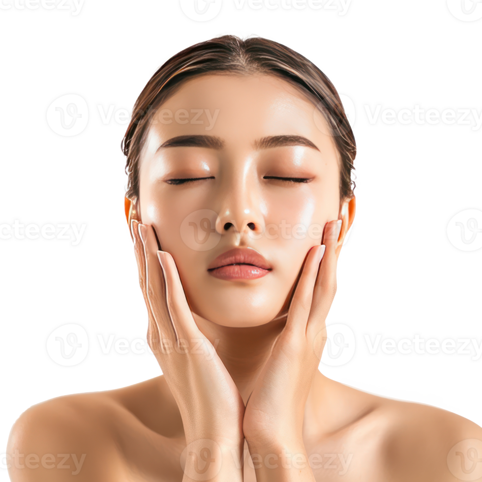 Beautiful woman body and face care with hand geture front view isolate on transparency background png
