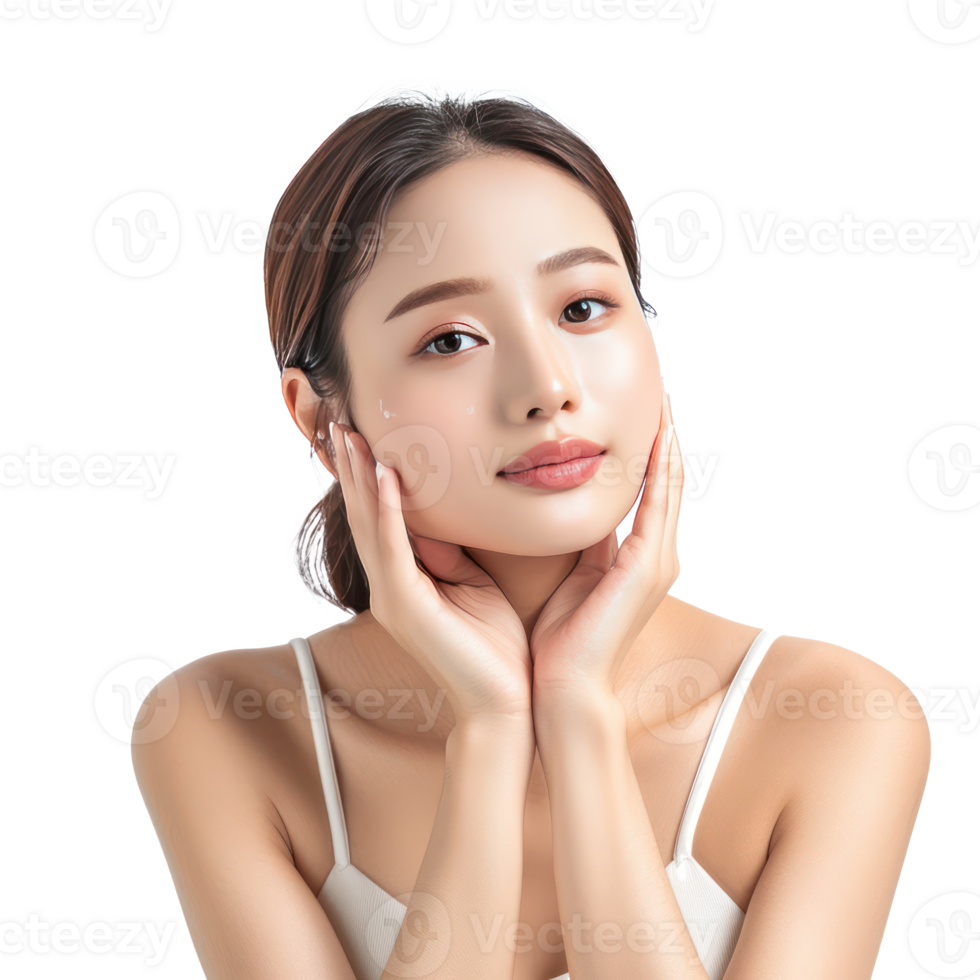 Beautiful woman body and face care with hand geture front view isolate on transparency background png
