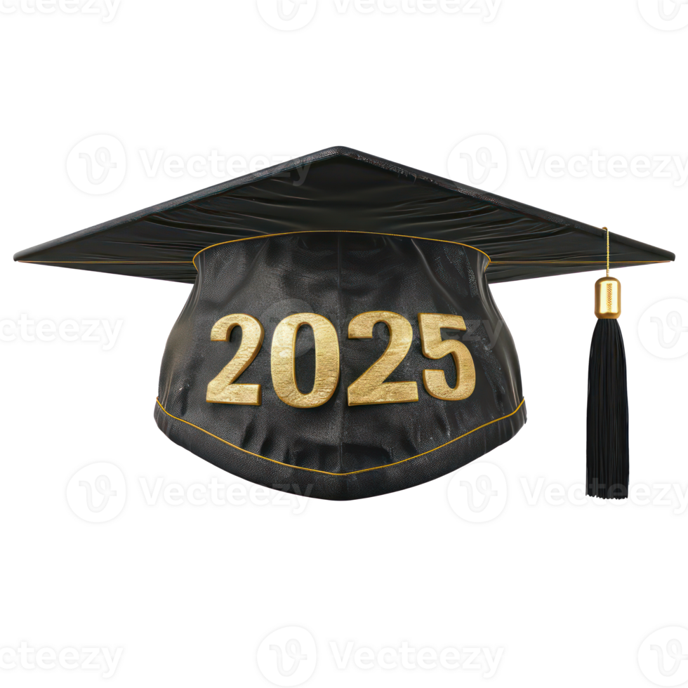 3d graduate cap with text 2025 front view full length isolate on transparency background png