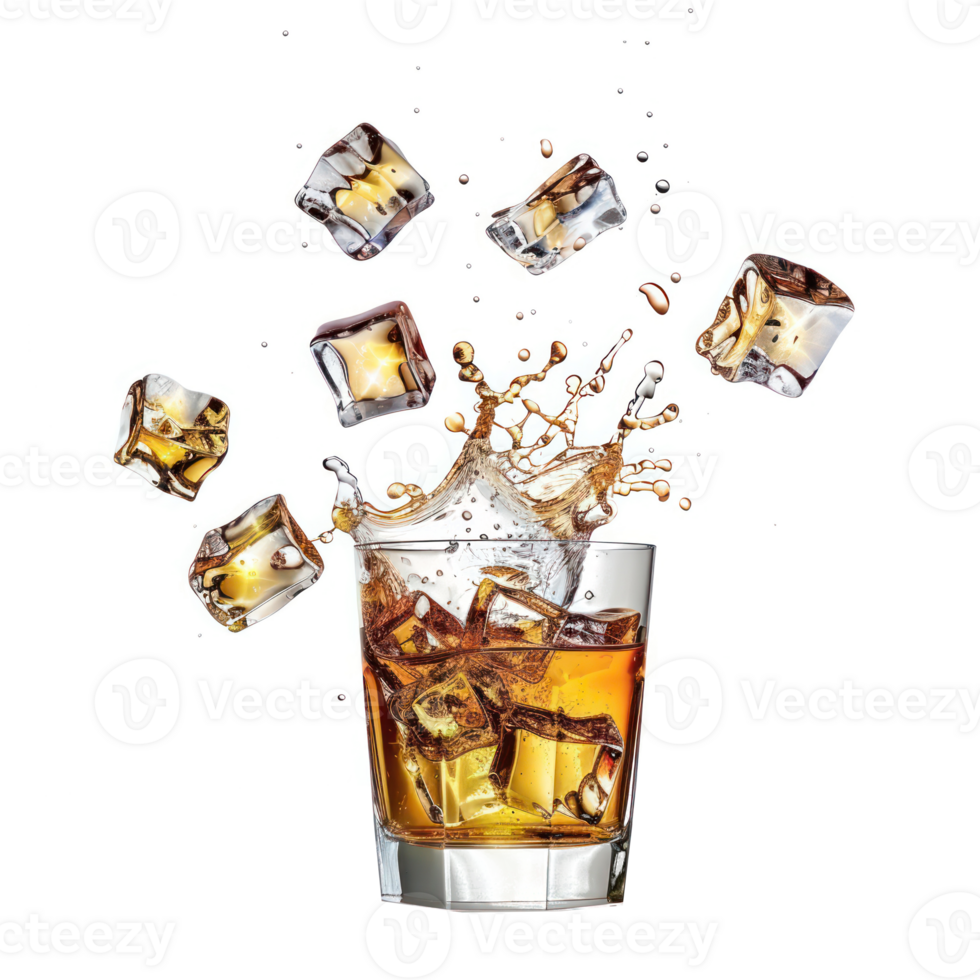 Whisky and ice cubes falling into a glass isolate on transparency background png