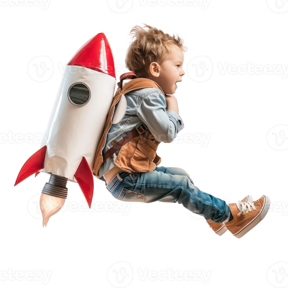 Little boy flying with school back that has rocket wing isolate on transparency background png